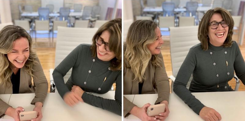 Two photos side by side, of the same two females sitting beside each other on white leather boardroom chairs, laughing, blurred action shot, with blurred office in background