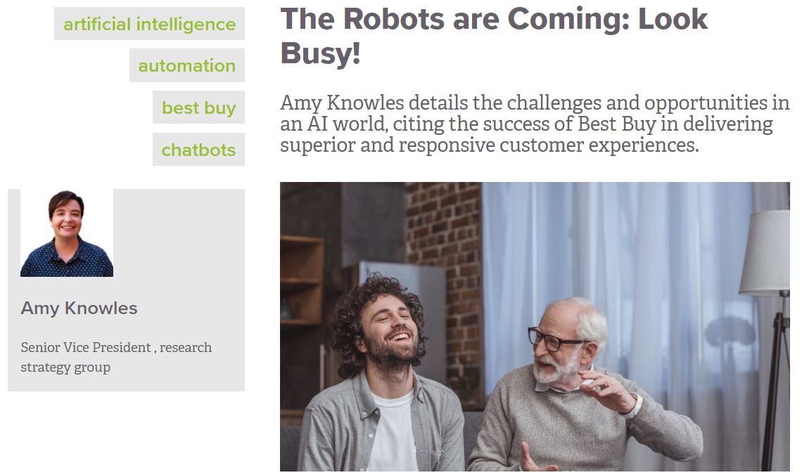 GreenBook post with title "The Robots are Coming: Look Busy!" and photo of young man beside older man, talking while sitting on the couch