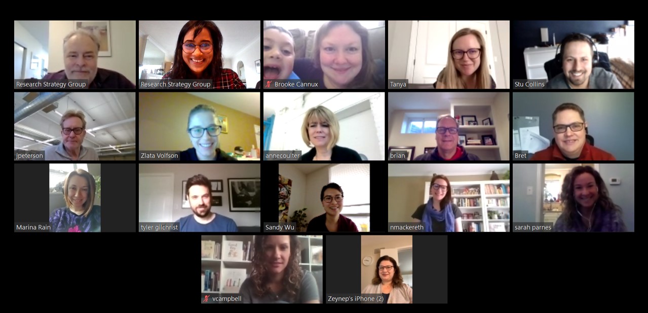screen grab of 17 videos on a video conference