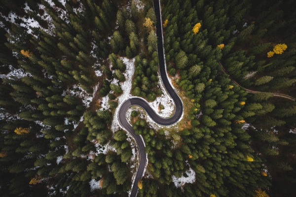aerial photo of forest with a road curving through like a river