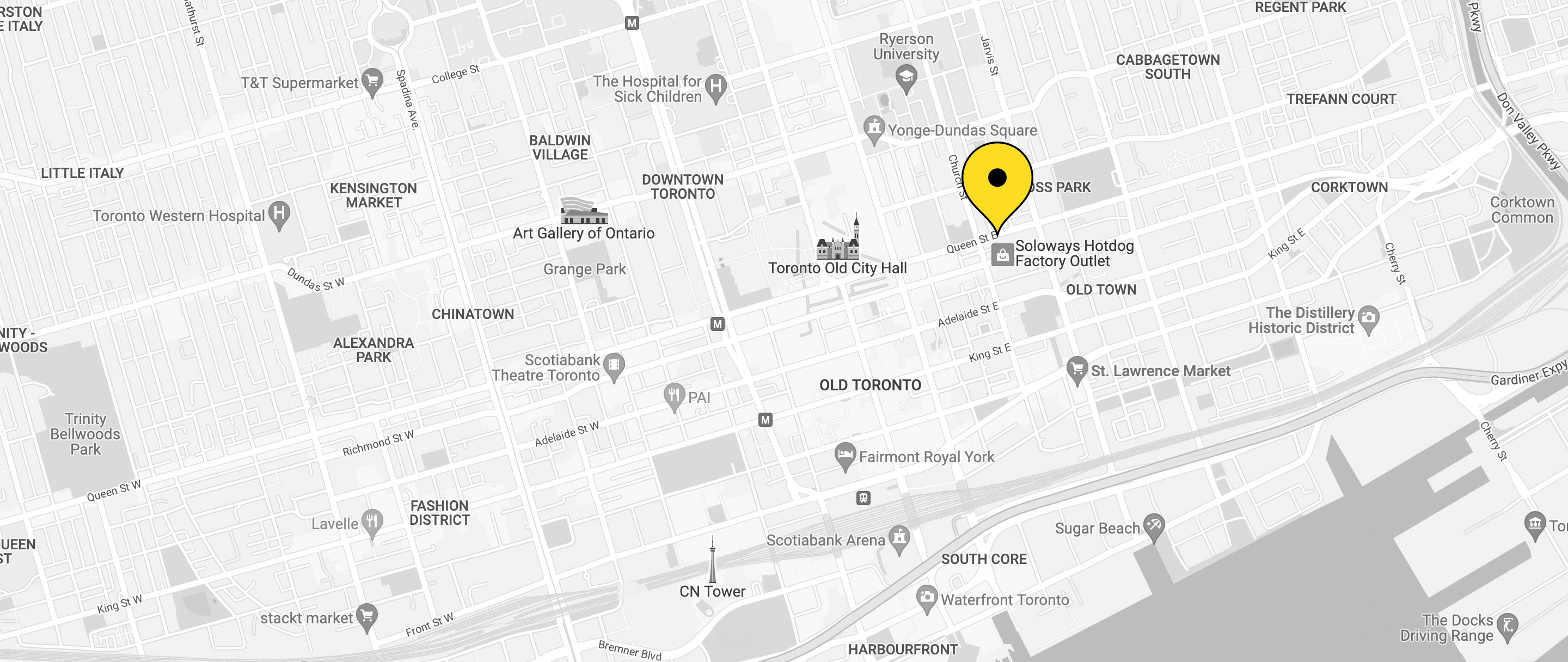 Toronto office location indicated with a yellow pin on grey street map
