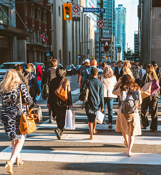 Crowd of unrecognisable people crossing street on traffic light zebra in the city of Toronto at rush hour - Lifestyle in a big city in North America